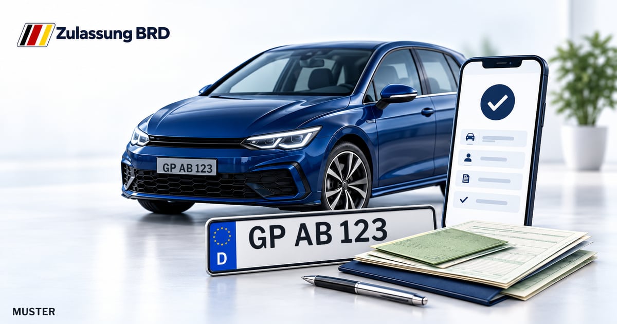 Online Fahrzeugzulassung in Geislingen: Musterkennzeichen GP AB 123, Auto und Fahrzeugpapiere und Smartphone. Illustration mit Logo von Zulassung BRD.